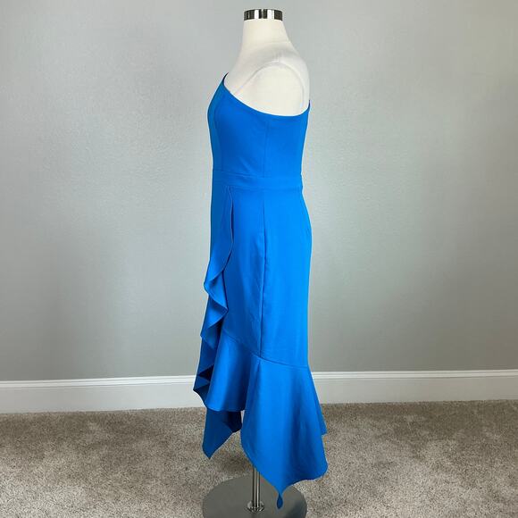 XSCAPE One Shoulder Ruffled High Low Sheath Cocktail Dress Blue Size 16 - Picture 6 of 13